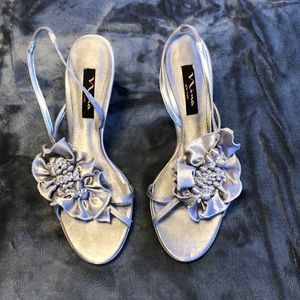 Silver, ruffled, beaded sandals
